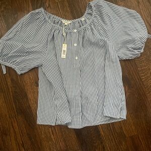 Max Studio Blue Gingham Peasant Blouse
